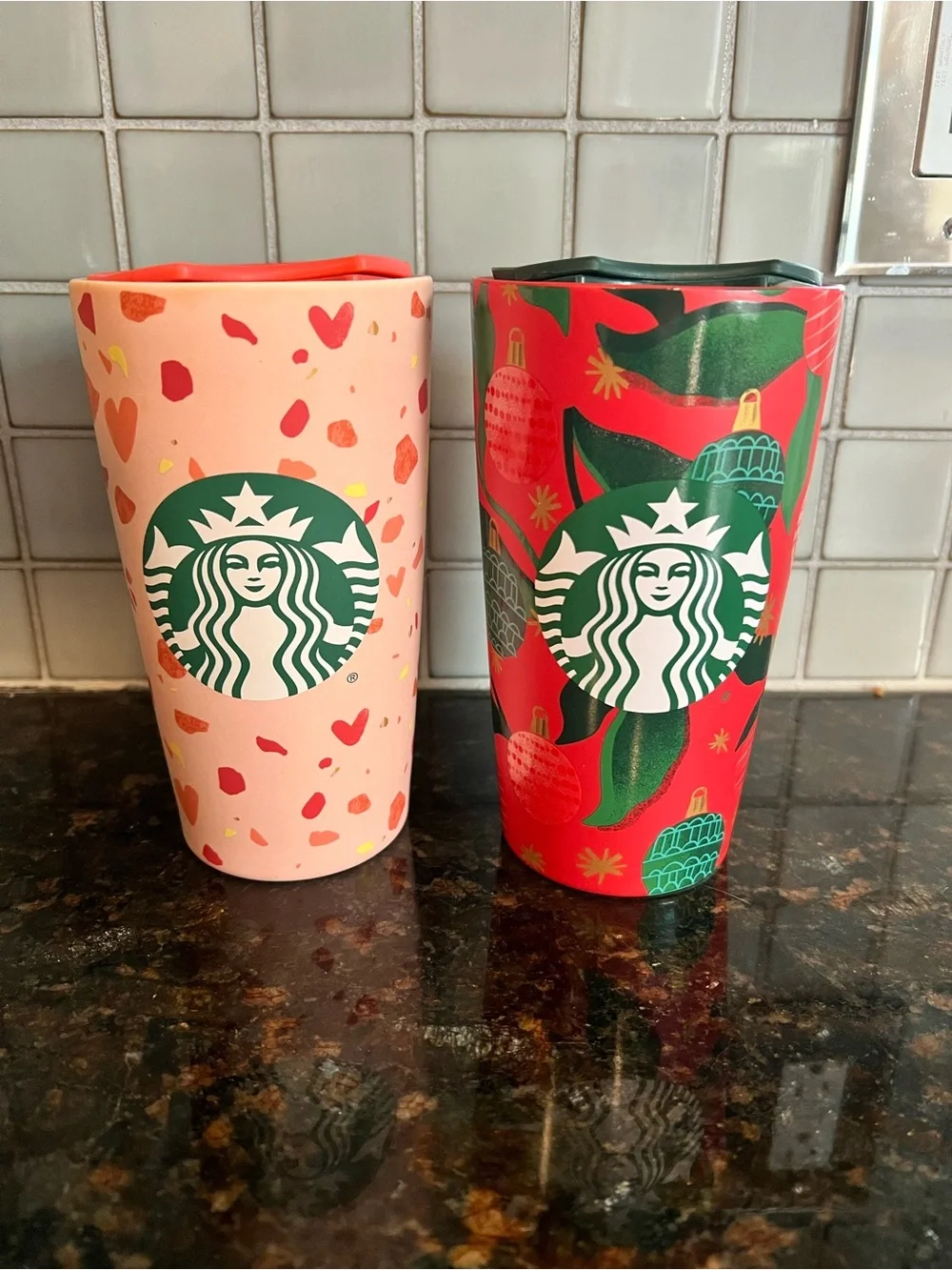 Starbucks Pink Confetti and Red Green Holiday Ceramic Tumblers - Set of 2